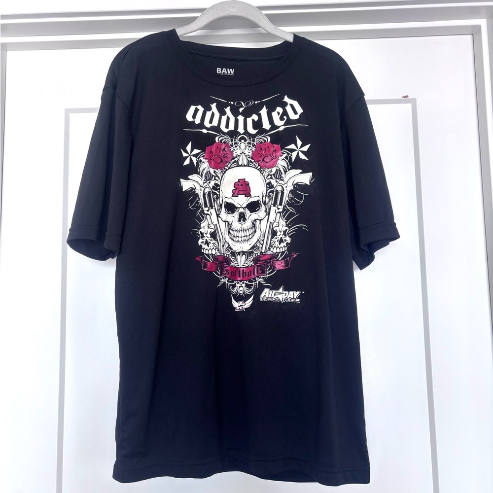 Baw Athletic Wear Black "Addicted" Softball Skull/ Roses Extreme-Tek T-shirt L
